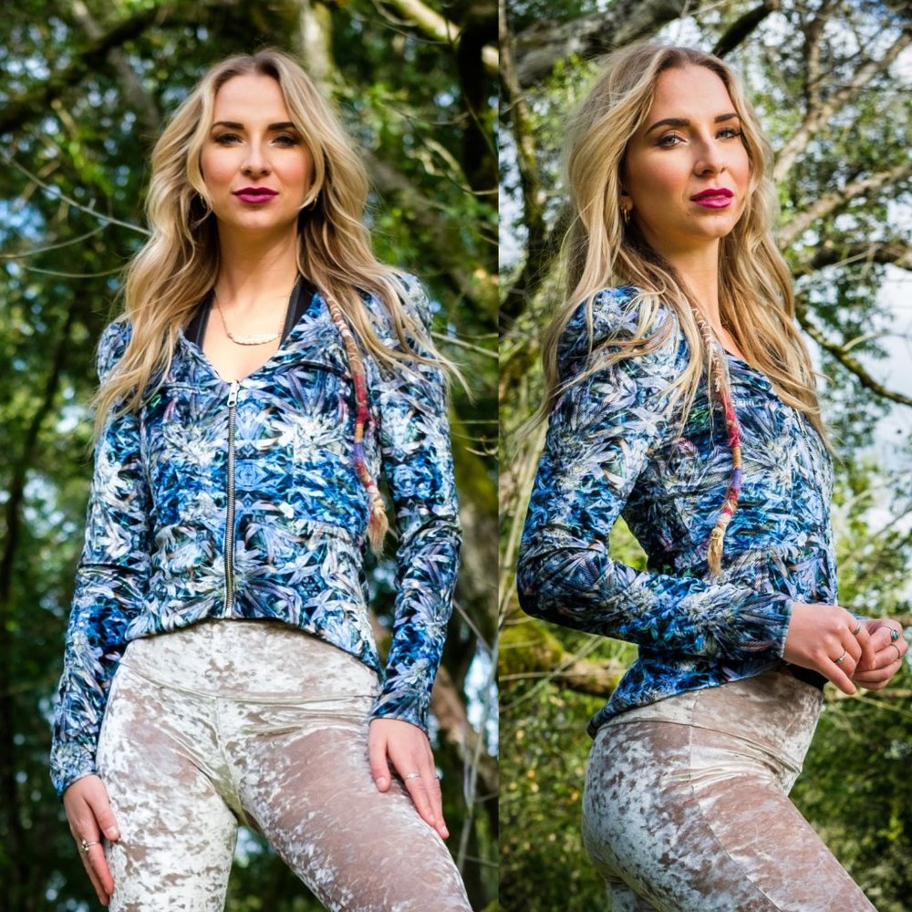 Blue Botanical Print Zip Jacket - Women's Fashion